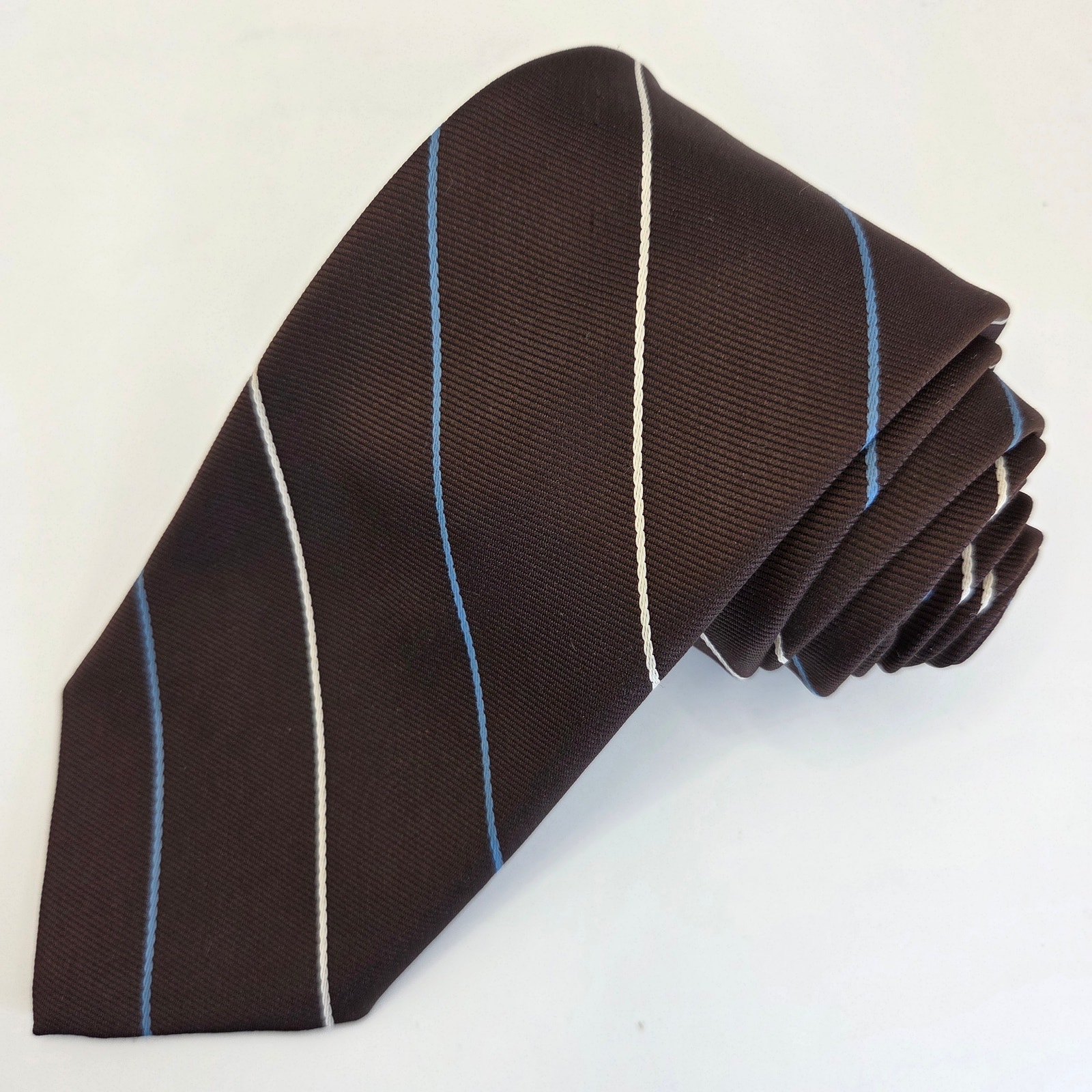 Vintage 1970s Cavalier Brown Blue Stripe Polyester Tie 3 Made Usa